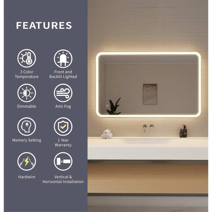 48 Inch Rectangle LED Front and Backlit Wall Mirror in Silver