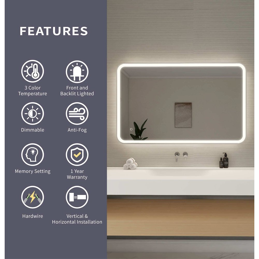 48 Inch Rectangle LED Front and Backlit Wall Mirror in Silver