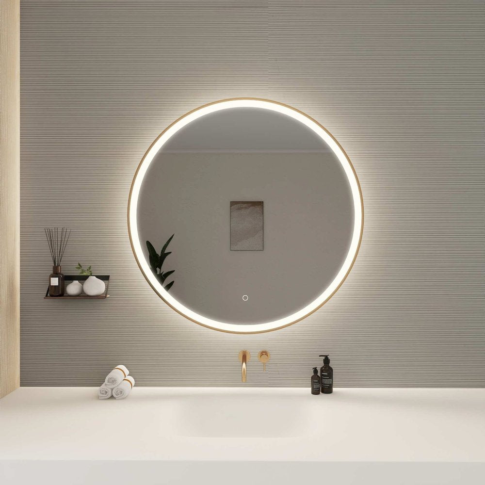 36 Round LED Front and Backlit Wall Mirror in Satin Gold
