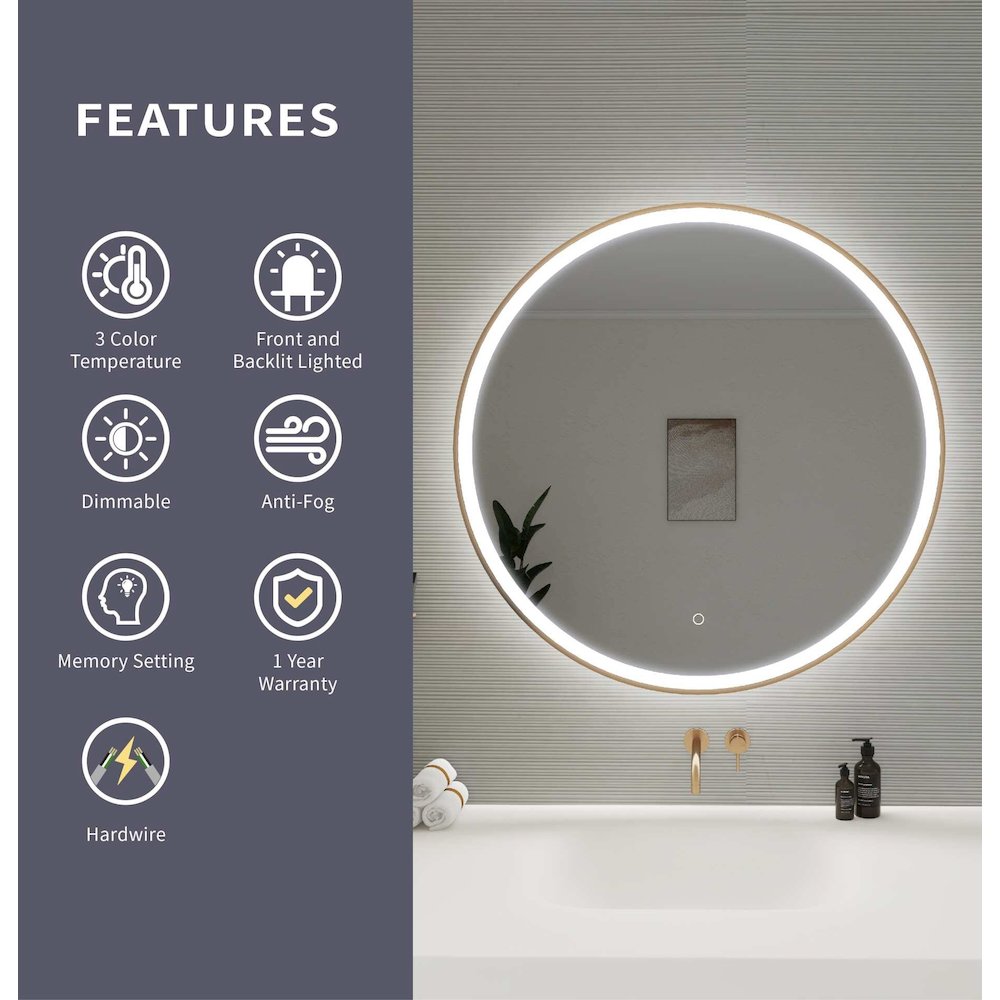 36 Round LED Front and Backlit Wall Mirror in Satin Gold