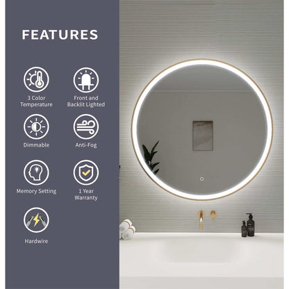 36 Round LED Front and Backlit Wall Mirror in Satin Gold