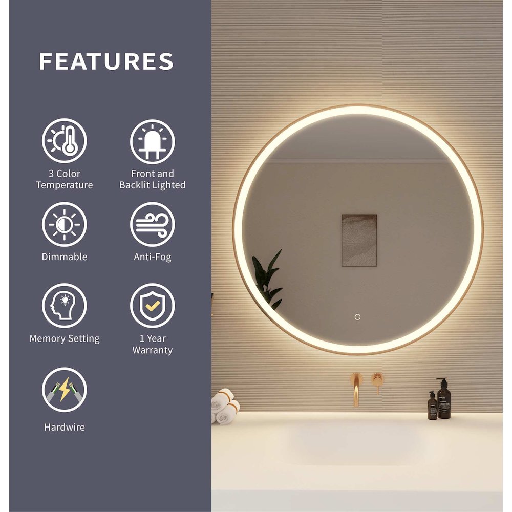 36 Round LED Front and Backlit Wall Mirror in Satin Gold