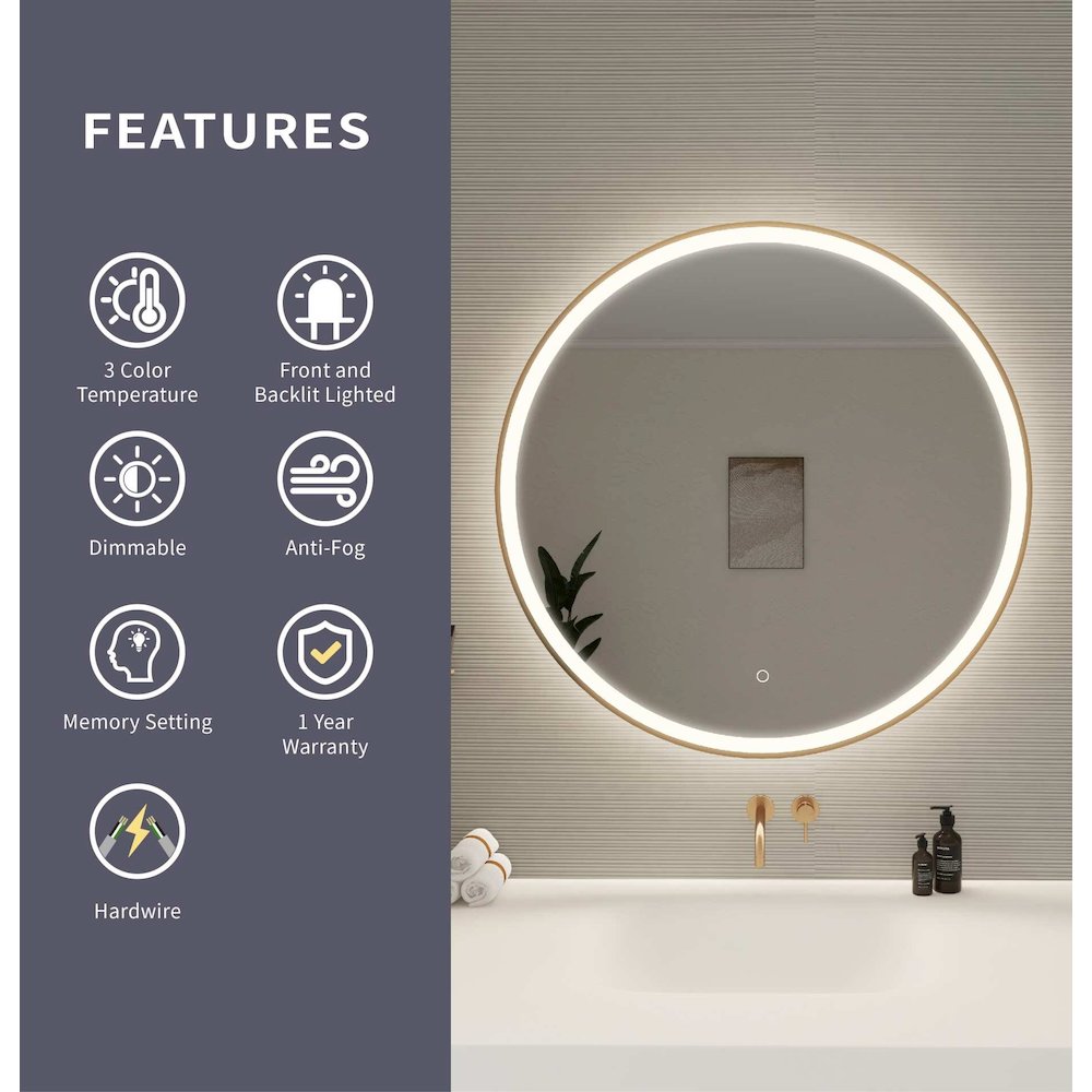 36 Round LED Front and Backlit Wall Mirror in Satin Gold