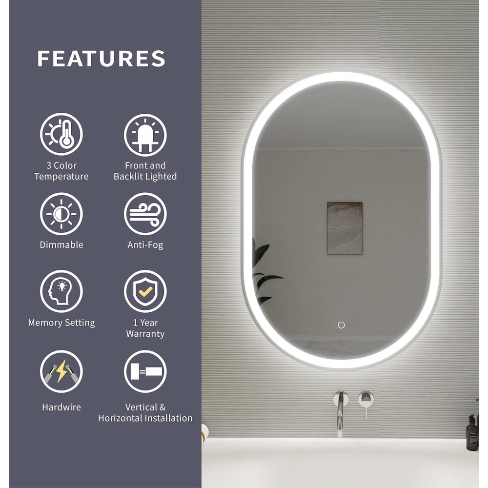 36 Inch Oval LED Front and Backlit Wall Mirror in Silver