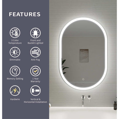 36 Inch Oval LED Front and Backlit Wall Mirror in Silver