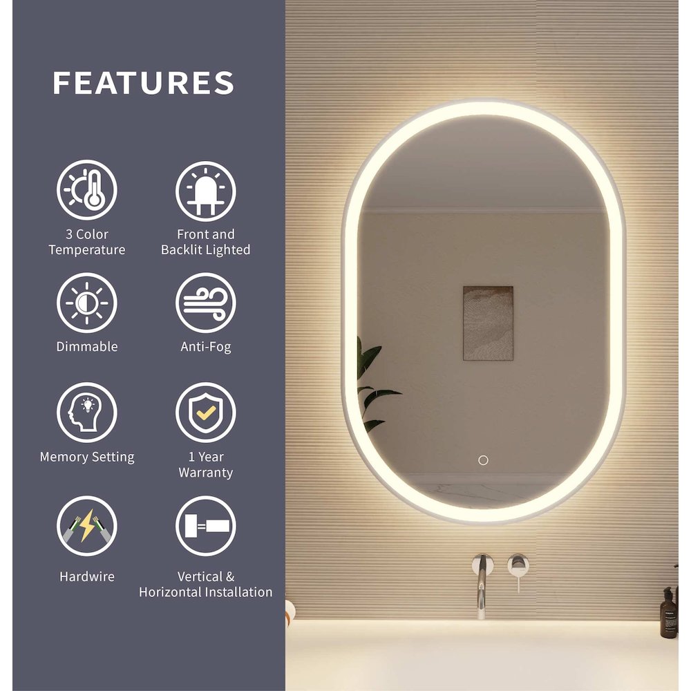 36 Inch Oval LED Front and Backlit Wall Mirror in Silver