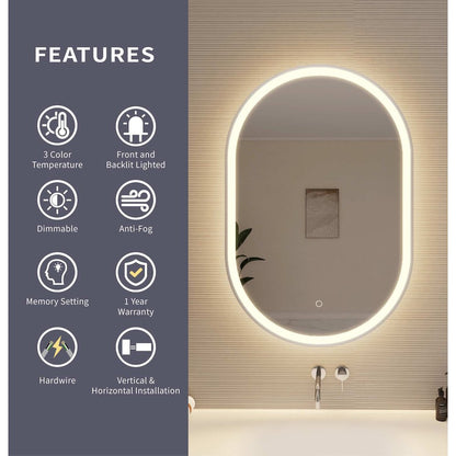 36 Inch Oval LED Front and Backlit Wall Mirror in Silver