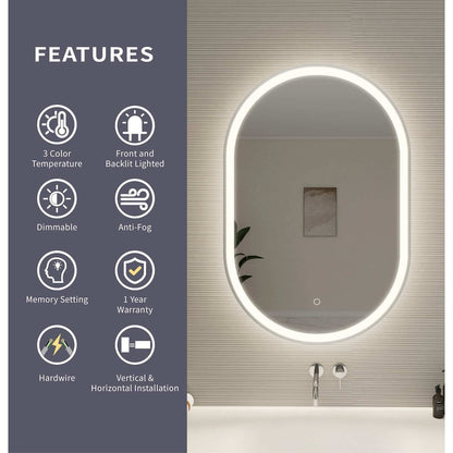 36 Inch Oval LED Front and Backlit Wall Mirror in Silver