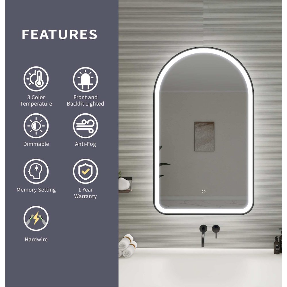 40 Inch Arch LED Front and Backlit Wall Mirror in Black