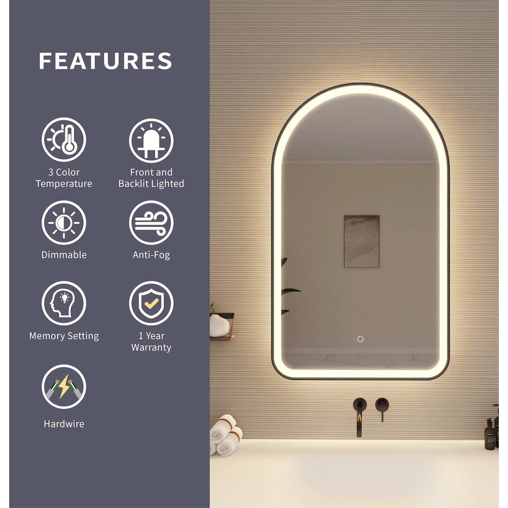 40 Inch Arch LED Front and Backlit Wall Mirror in Black