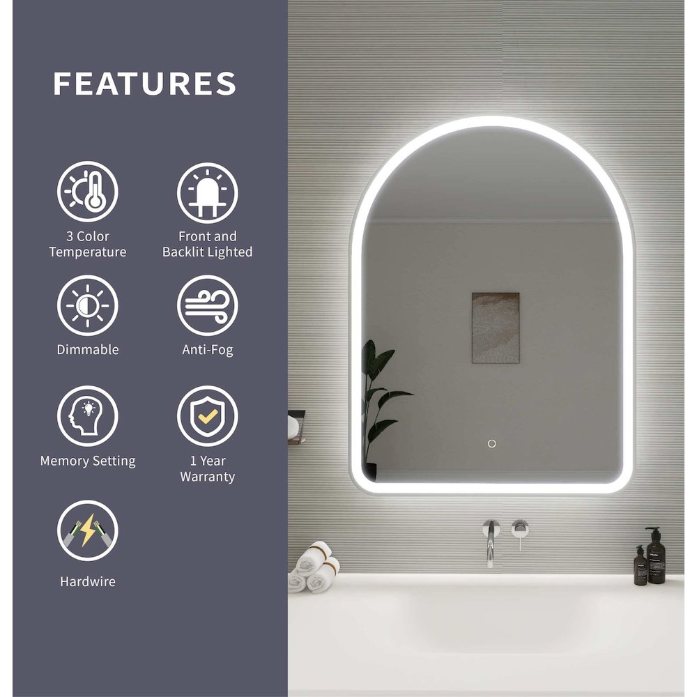 40 Inch Arch LED Front and Backlit Wall Mirror in Silver