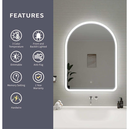 40 Inch Arch LED Front and Backlit Wall Mirror in Silver