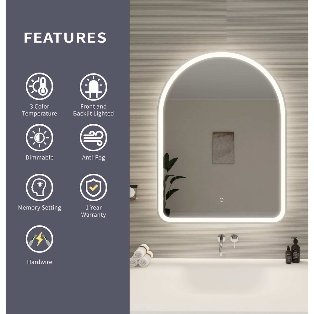 40 Inch Arch LED Front and Backlit Wall Mirror in Silver