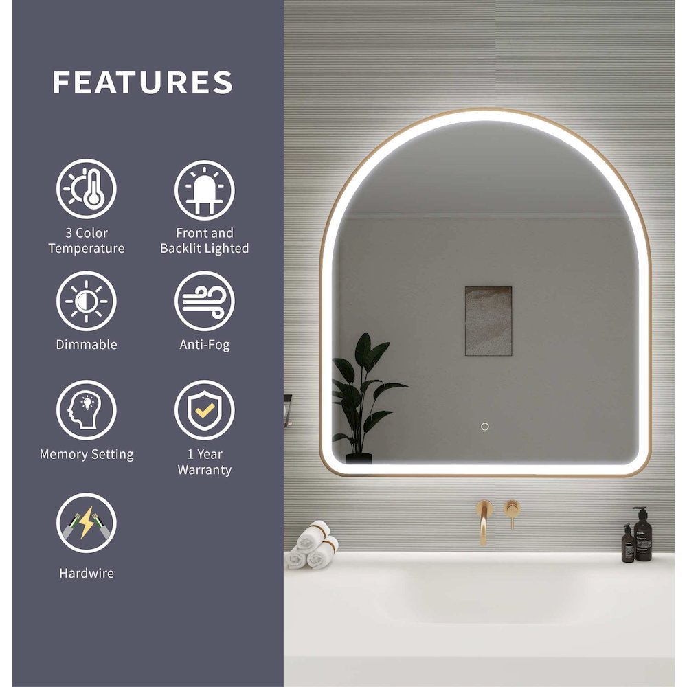 42 Inch Arch LED Front and Backlit Wall Mirror in Satin Gold