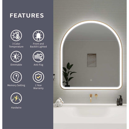 42 Inch Arch LED Front and Backlit Wall Mirror in Satin Gold
