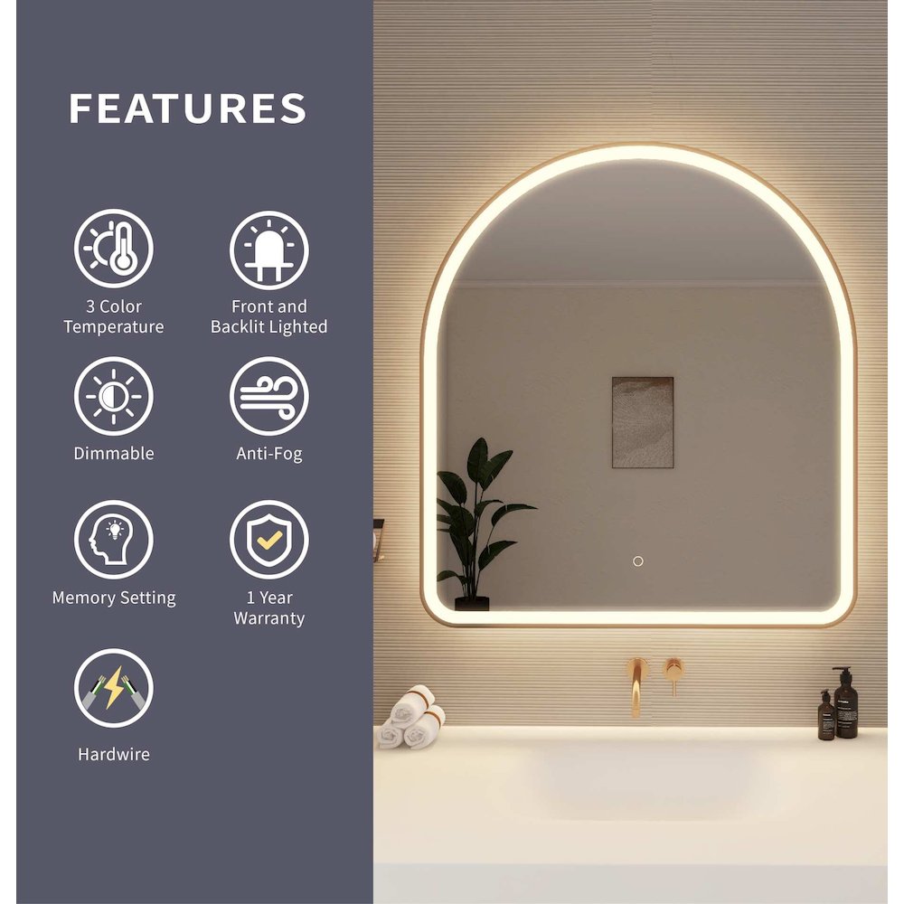 42 Inch Arch LED Front and Backlit Wall Mirror in Satin Gold