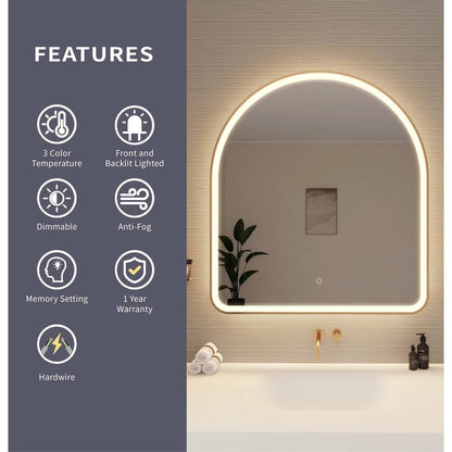 42 Inch Arch LED Front and Backlit Wall Mirror in Satin Gold
