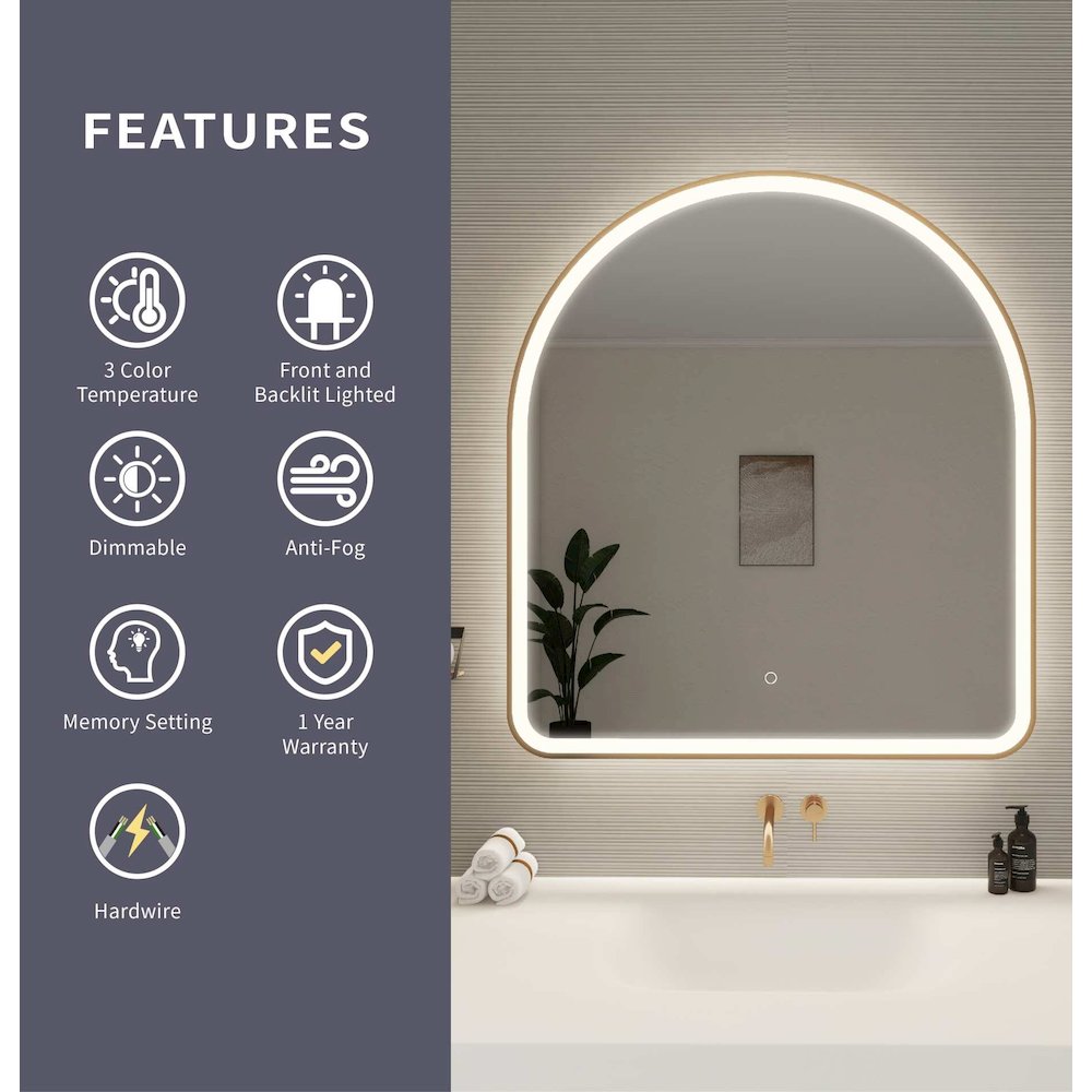 42 Inch Arch LED Front and Backlit Wall Mirror in Satin Gold
