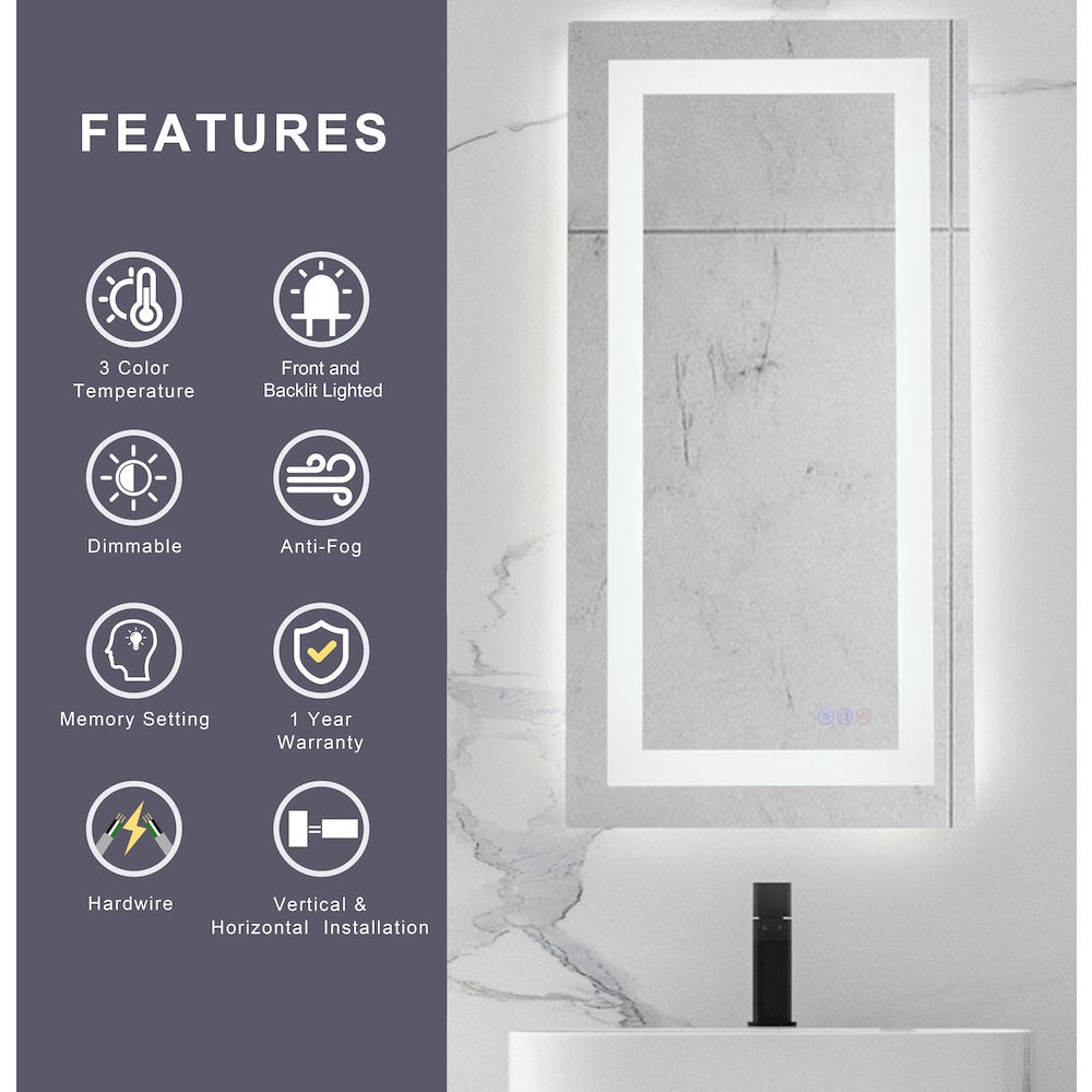 Riven 40X20 Led Mirror, Adjustable Color 3000K/4200K/6400K