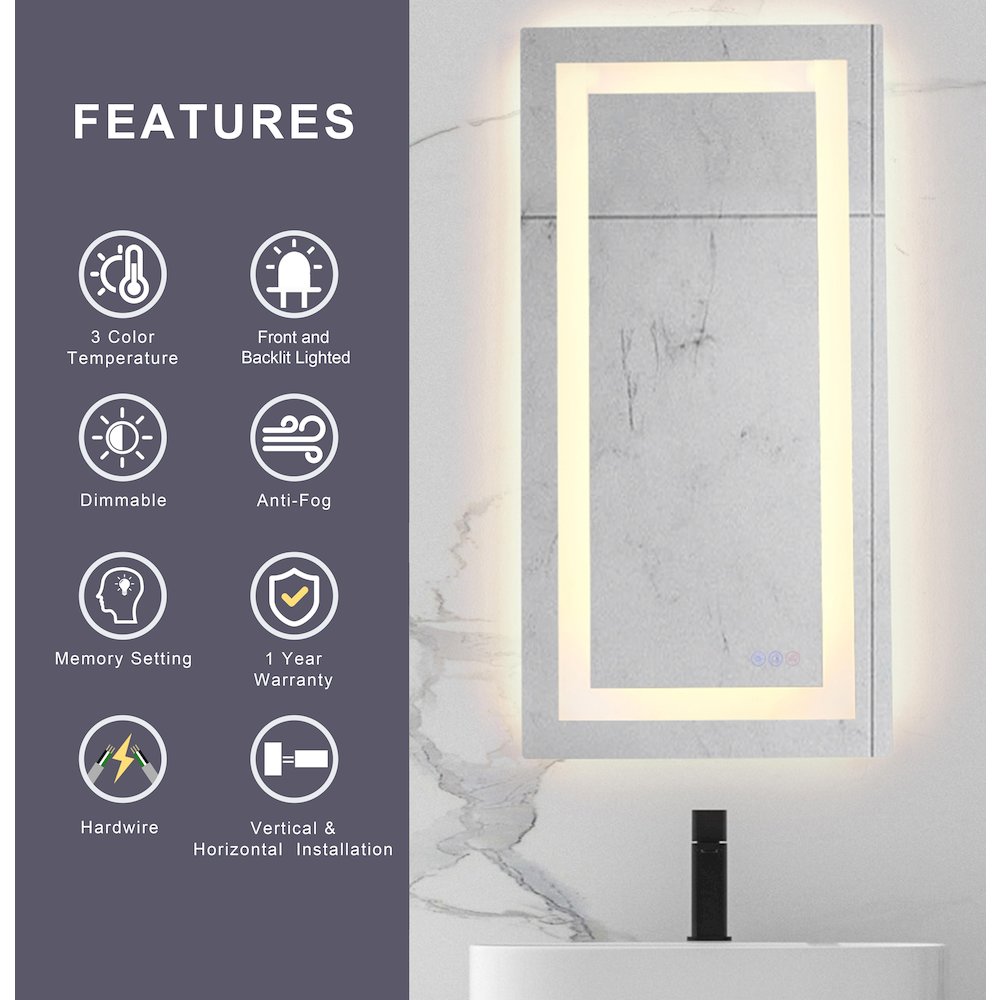 Riven 40X20 Led Mirror, Adjustable Color 3000K/4200K/6400K
