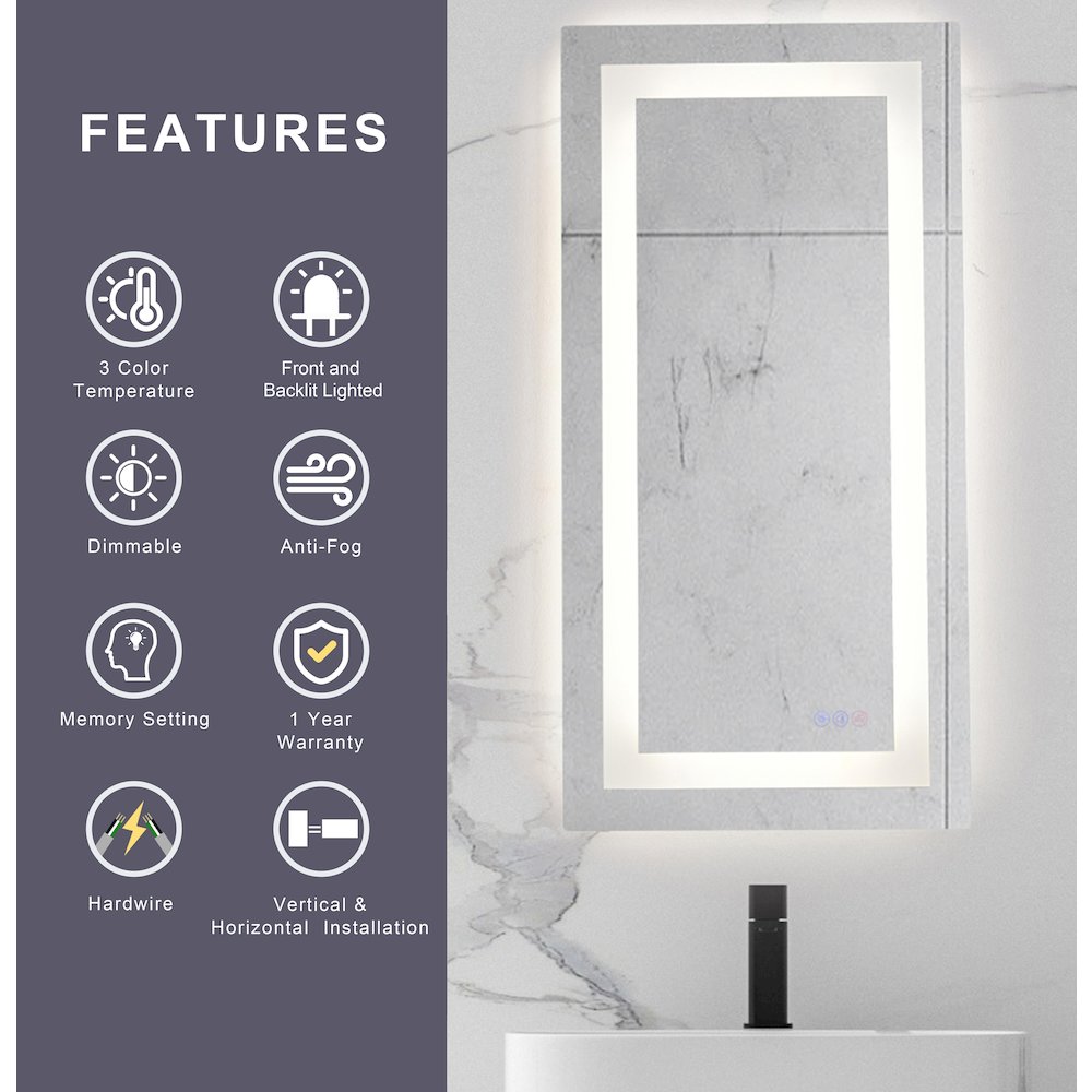 Riven 40X24 Led Mirror, Adjustable Color 3000K/4200K/6400K
