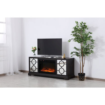 60 In. Mirrored Tv Stand With Wood Fireplace Insert In Dark Walnut