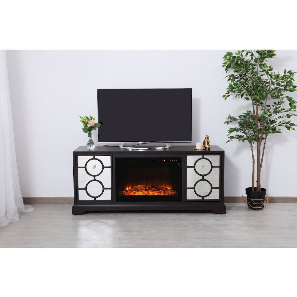 60 In. Mirrored Tv Stand With Wood Fireplace Insert In Dark Walnut