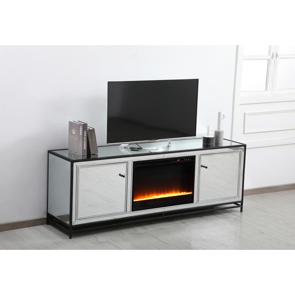James 72 in. mirrored tv stand with crystal fireplace in black