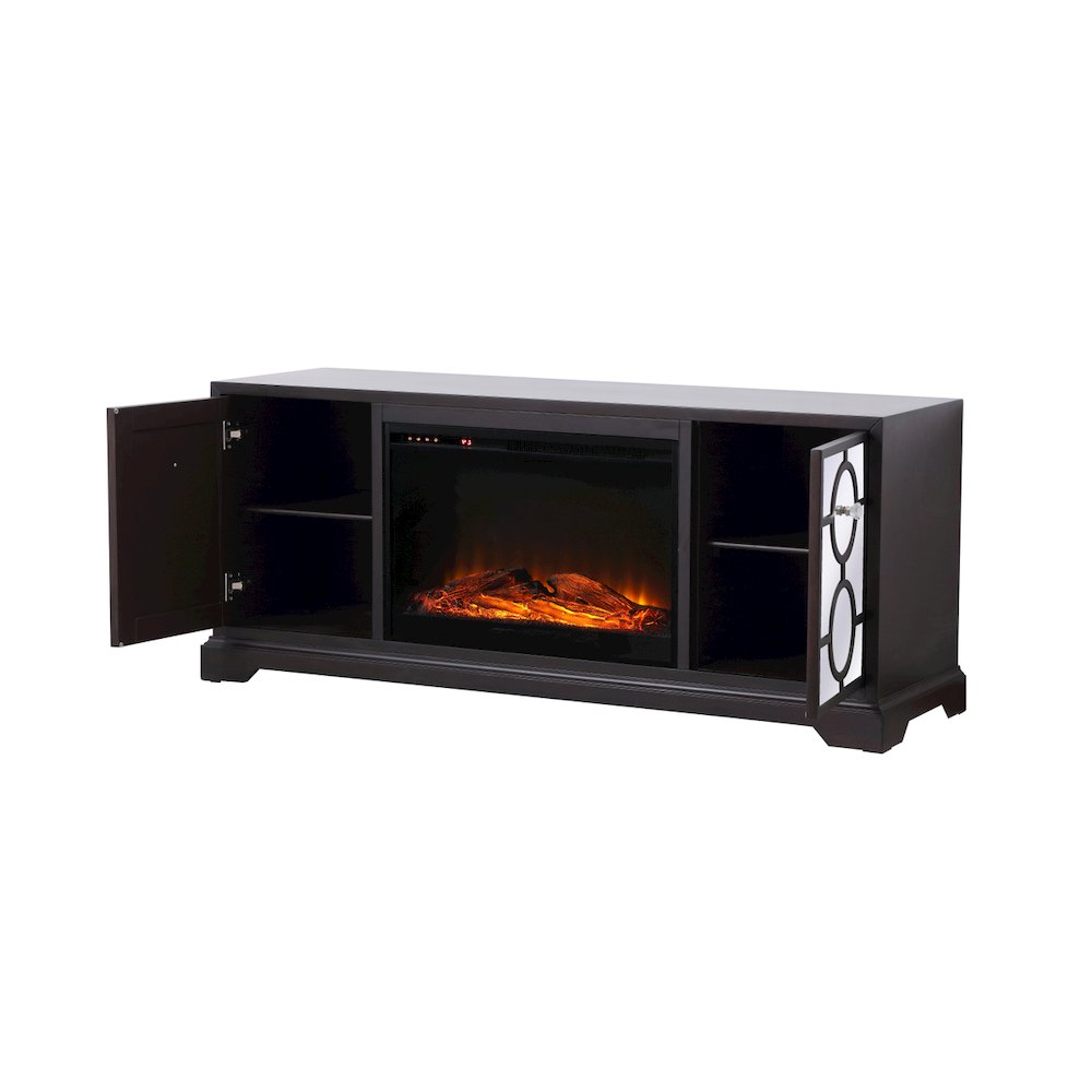 60 In. Mirrored Tv Stand With Wood Fireplace Insert In Dark Walnut