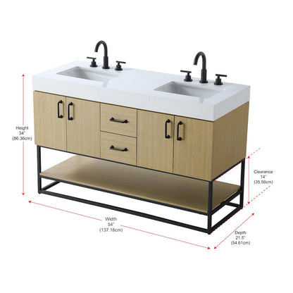54 inch Double Bathroom Vanity in Honey Brown