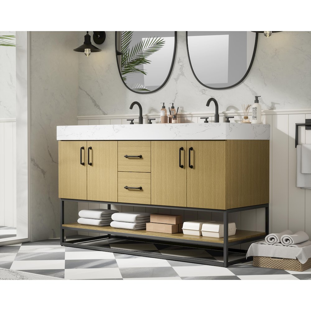 54 inch Double Bathroom Vanity in Honey Brown