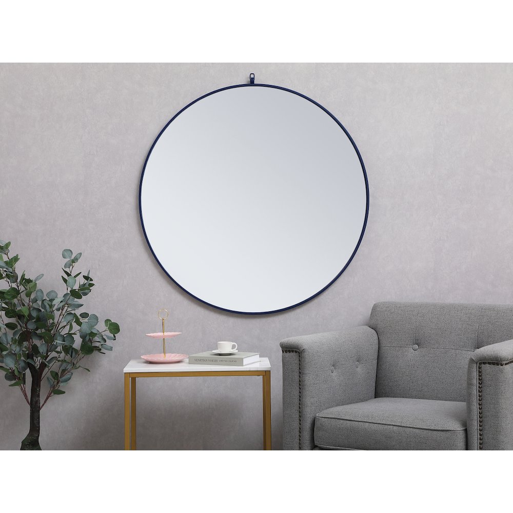 Metal Frame Round Mirror With Decorative Hook 42 Inch Blue