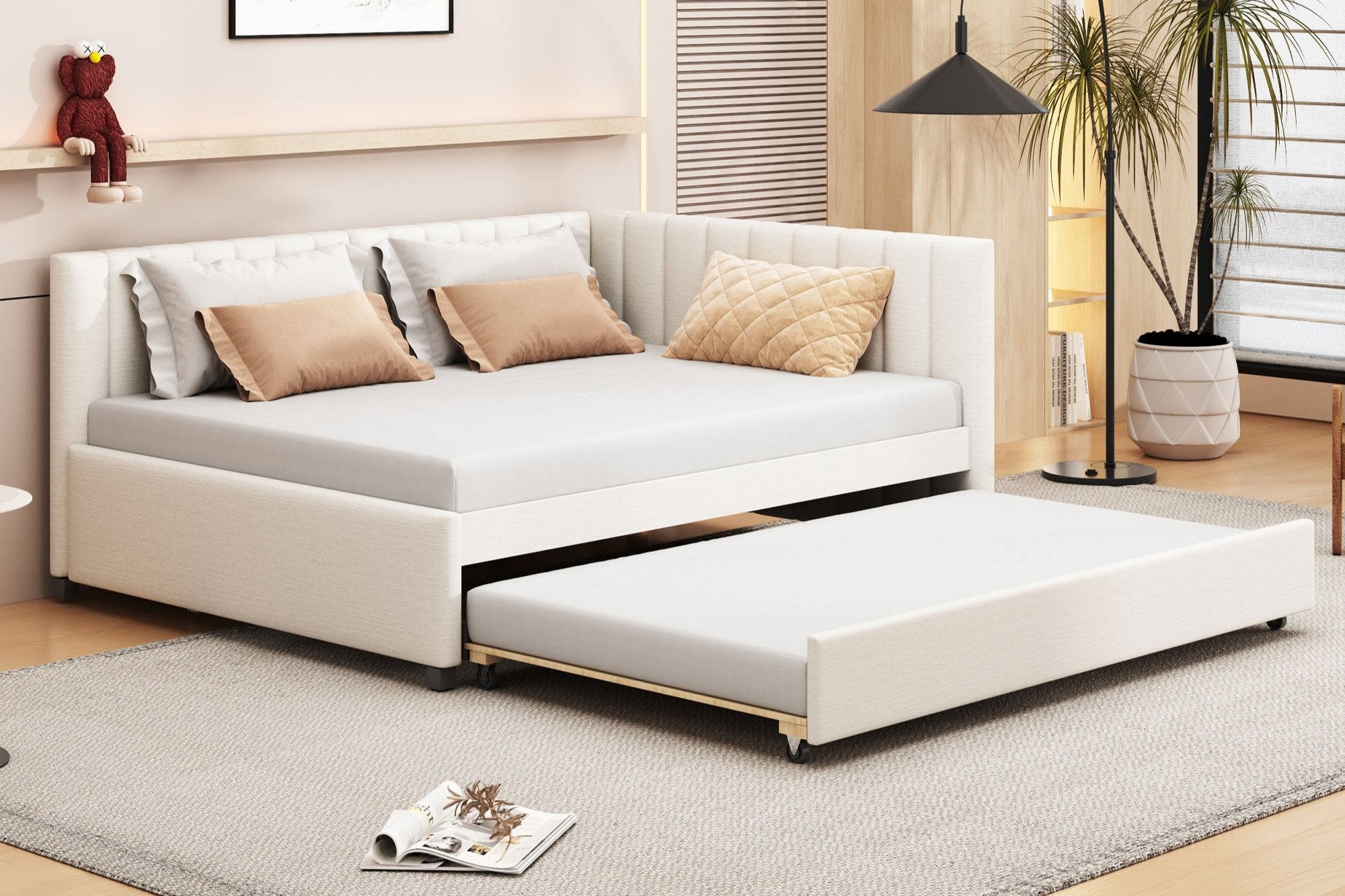 Full Size Upholstered Daybed with Trundle Sofa Bed Frame No Box Spring Needed, Linen Fabric(Beige)