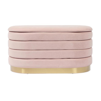 Pink velvet storage bench with gold legs, spacious seat and hidden storage