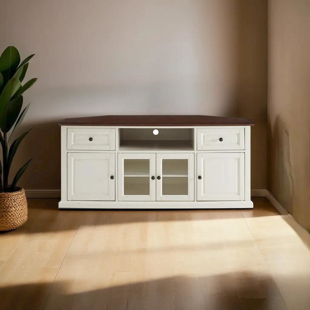 Stylish 60" Corner TV Console Featuring Antique Bronze Hardware and Storage