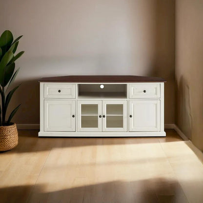 Stylish 60" Corner TV Console Featuring Antique Bronze Hardware and Storage