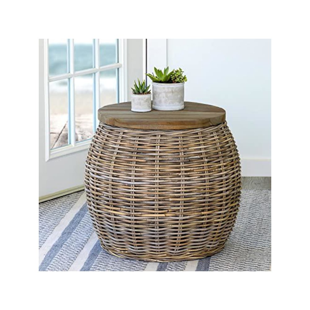 Rattan Side Table with Wood Top