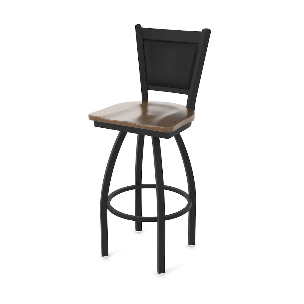 Swivel Bar Stool with Black Wrinkle Finish and Dark Maple Seat and Black Vinyl