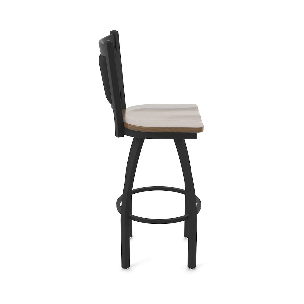 Swivel Bar Stool with Black Wrinkle Finish and Dark Maple Seat and Black Vinyl