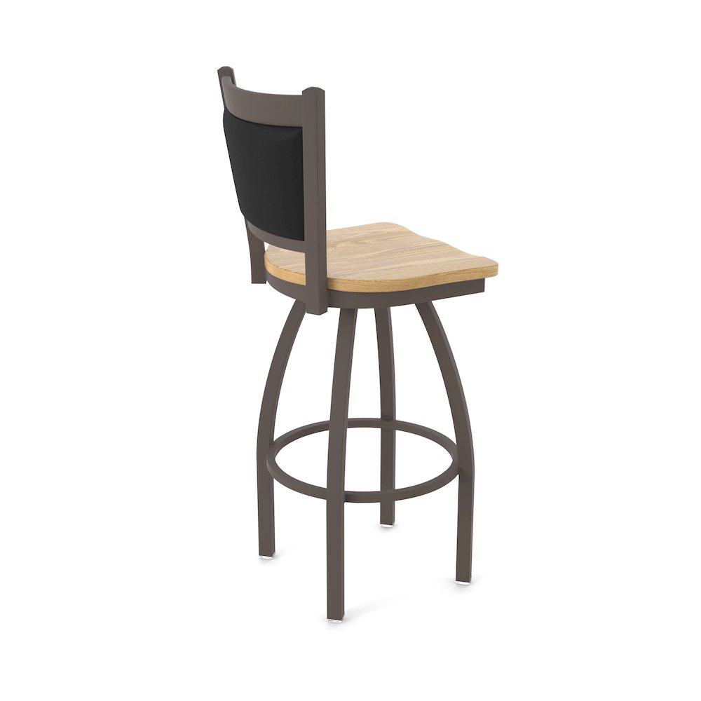 Swivel Bar Stool with Bronze Finish and Natural Oak Seat and Black Vinyl Back