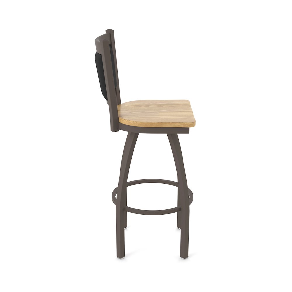 Swivel Bar Stool with Bronze Finish and Natural Oak Seat and Black Vinyl Back