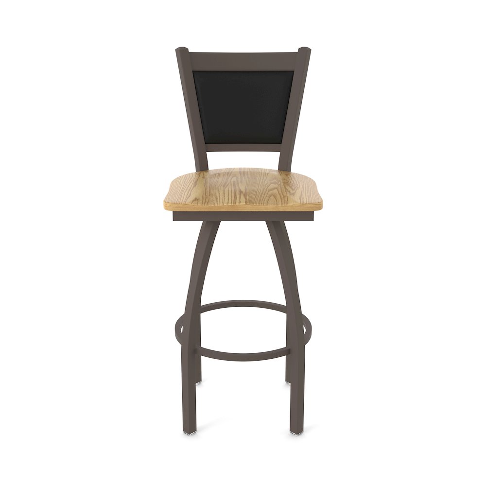 Swivel Bar Stool with Bronze Finish and Natural Oak Seat and Black Vinyl Back