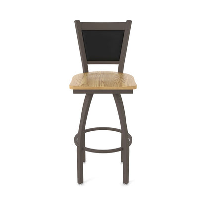 Swivel Bar Stool with Bronze Finish and Natural Oak Seat and Black Vinyl Back
