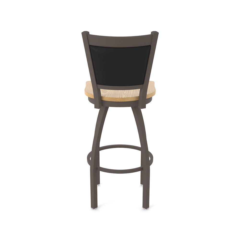 Swivel Bar Stool with Bronze Finish and Natural Oak Seat and Black Vinyl Back