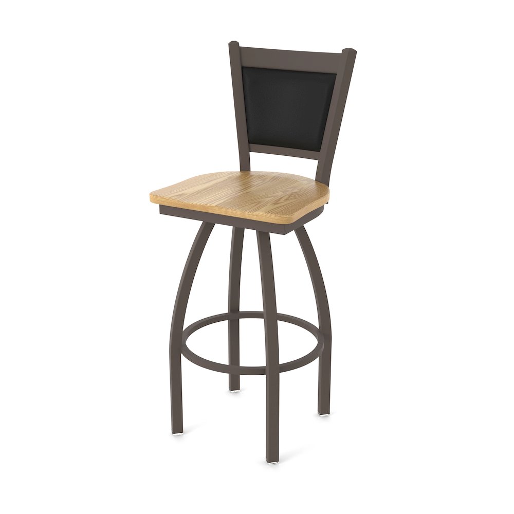 Swivel Bar Stool with Bronze Finish and Natural Oak Seat and Black Vinyl Back