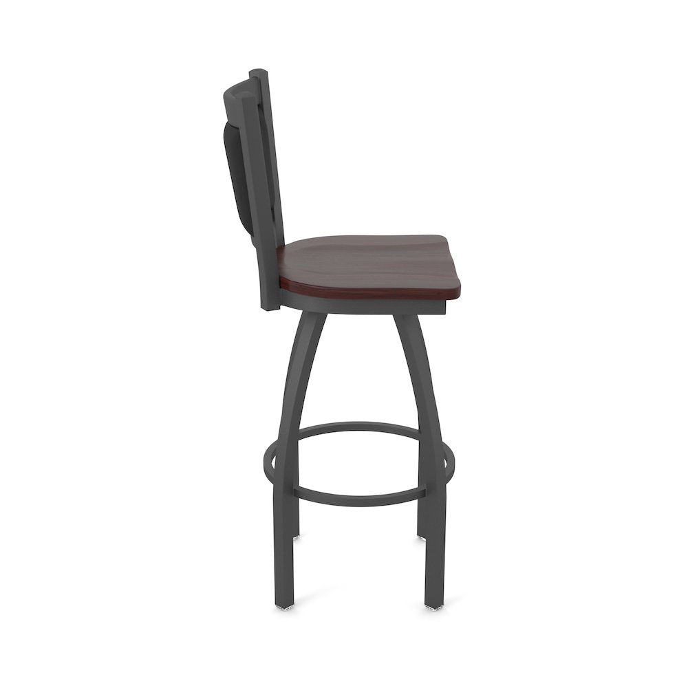 Swivel Bar Stool with Pewter Finish and Dark Cherry Maple Seat and Black Vinyl