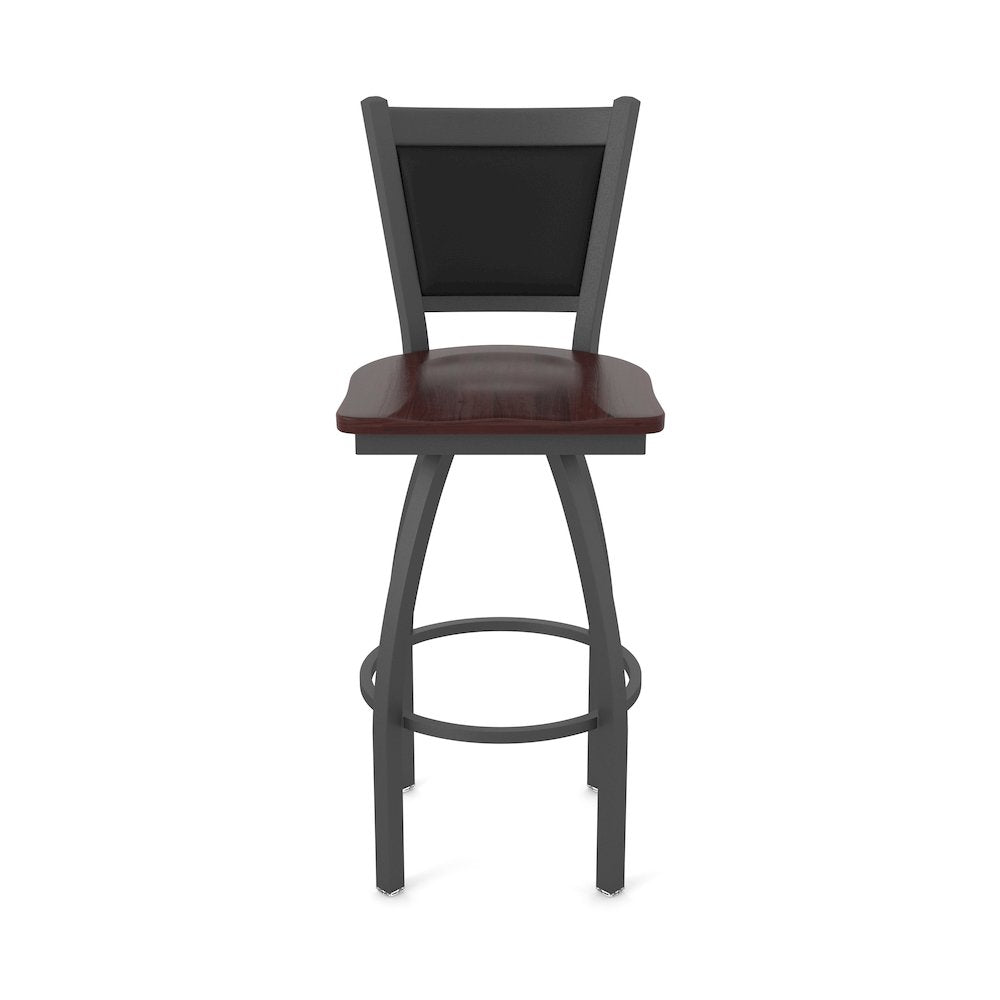 Swivel Bar Stool with Pewter Finish and Dark Cherry Maple Seat and Black Vinyl
