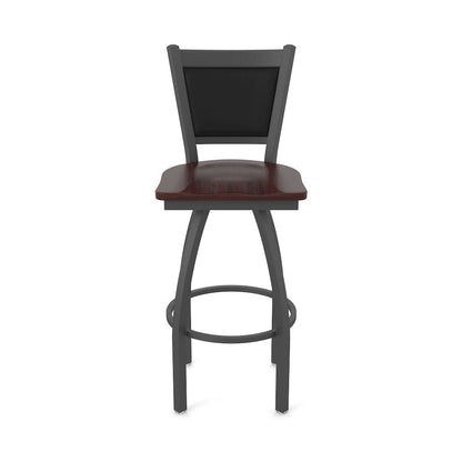 Swivel Bar Stool with Pewter Finish and Dark Cherry Maple Seat and Black Vinyl