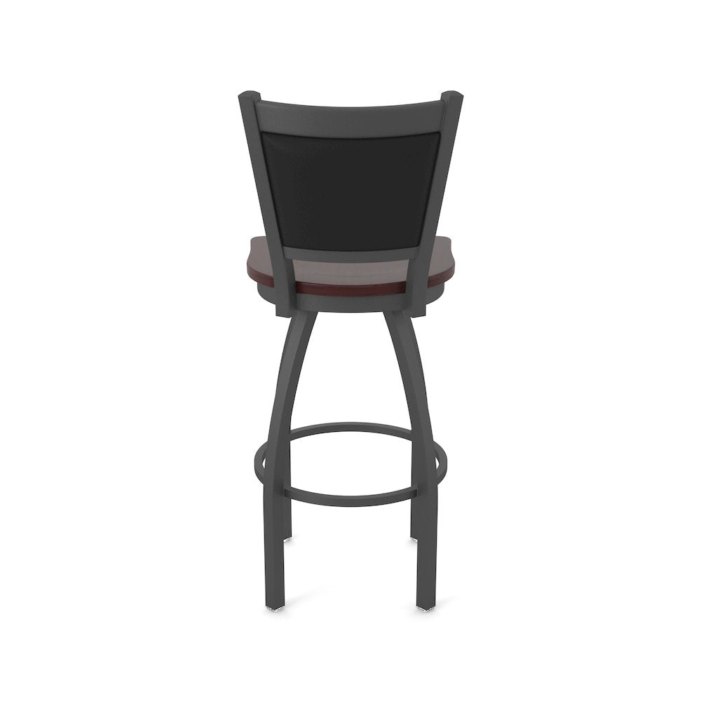 Swivel Bar Stool with Pewter Finish and Dark Cherry Maple Seat and Black Vinyl