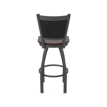 Swivel Bar Stool with Pewter Finish and Dark Cherry Maple Seat and Black Vinyl